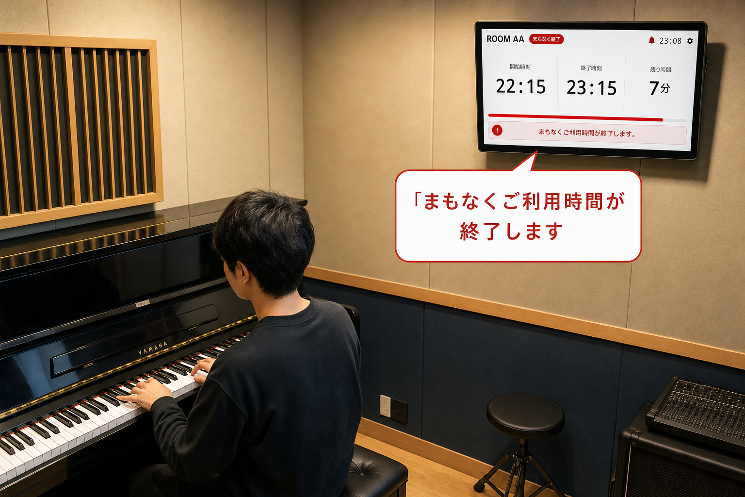 音楽スタジオでピアノを演奏する利用者。右後方の壁掛けタブレットに残り時間が表示され、終了前に「まもなくご利用時間が終了します」と音声案内が流れる運用イメージ